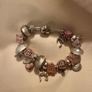 Authentic 8” Pandora 925 Sterling Silver and Rose Gold Charm Bracelet- 28 charms
